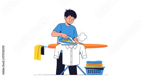 Young man ironing a white shirt on an ironing board with steam and laundry basket nearby.