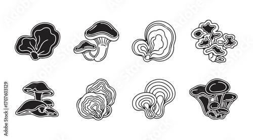 Collection of eight distinct mushroom silhouettes with textured patterns