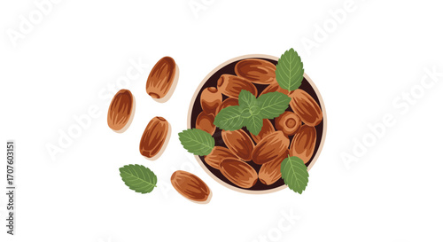 A healthy bowl of roasted almonds with fresh mint leaves and scattered almonds.