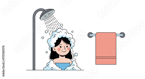 A young woman enjoys a refreshing shower surrounded by foamy soap suds while a pink towel hangs nearby on a rack.