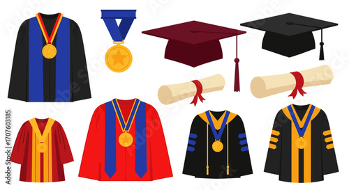 Collection of academic regalia including graduation gowns medals and diplomas