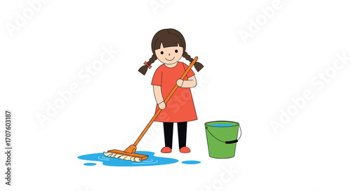 A young girl is mopping the floor to keep her house clean and tidy with a bucket of water.