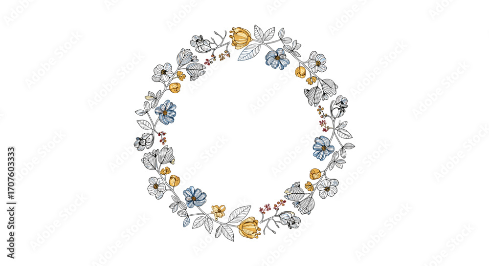 Fototapeta premium A delicate circular wreath composed of hand-drawn floral elements and botanical illustrations.
