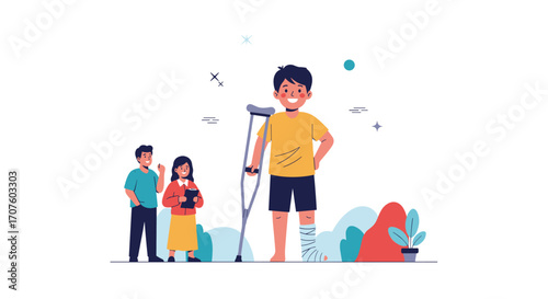 A young boy with a broken leg uses crutches while his concerned parents stand by.