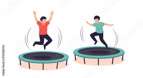Two young boys are happily jumping on trampolines enjoying the recreational activity outdoors.