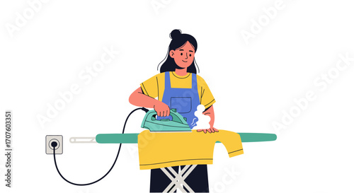 A woman is ironing a yellow sweater on an ironing board.