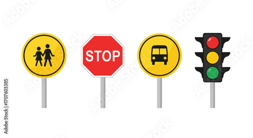 A collection of traffic signs including pedestrian crossing stop signs and traffic lights used for road safety.