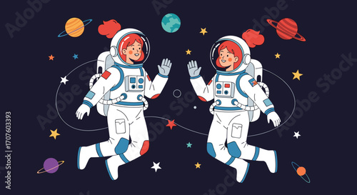 Two smiling astronauts in white spacesuits floating among planets and stars.