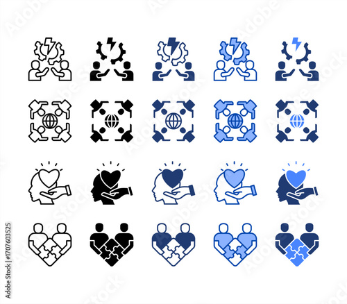 Conflict Management,Empathy,Diversity,Cooperation, multiple style icon set.