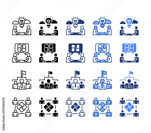 Brainstorming,Leadership,Problem Solving,Team Building, multiple style icon set.