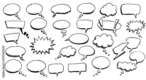 Illustration of set of handdrawn speech and thought bubbles on a