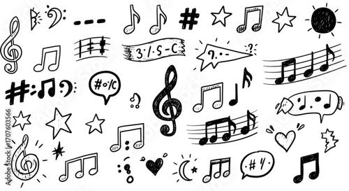 Illustration of collection of handdrawn music notes and symbols on a