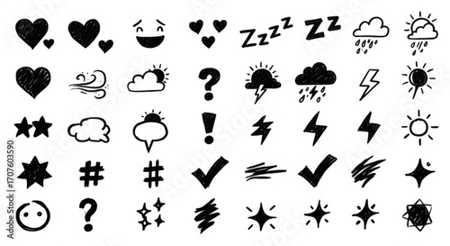 Illustration of collection of handdrawn doodle icons for weather, emotions, and symbols