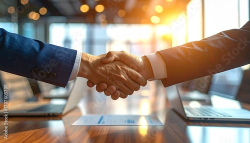 Dynamic business handshake in a vibrant boardroom, open laptops, warm lighting, clean lines, photorealistic details for executive webpage banner