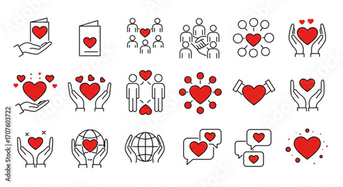 Illustration of set of red heart icons and symbols for charity and love