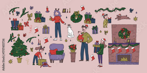 Family in Christmas sweaters and accessories with the set of Christmas indoor decorations. Great for patterns, greeting cards, and advent calendars