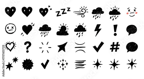 Illustration of collection of handdrawn black and white icons and symbols