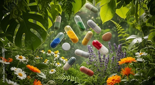 Colorful capsules float amidst lush greenery and wildflowers, creating a visually appealing image of natural remedies.