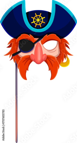 Caribbean pirate redhead face photo booth mask. Caribbean privateer sailor vector face mask. Kids photo booth pirate captain prop with red mustaches, eye patch and blue tricorn hat, golden earning