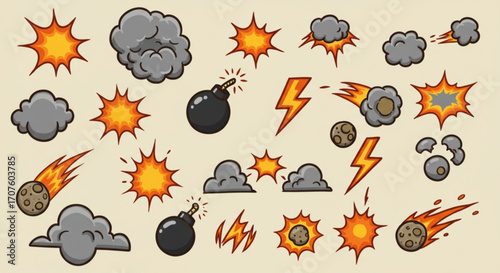 Illustration of collection of comic book explosion and impact effect icons