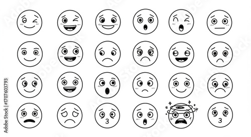 Illustration of collection of handdrawn emoji faces with various expressions