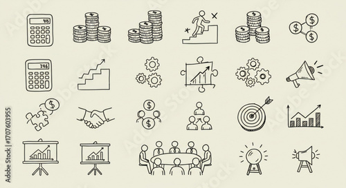 Illustration of collection of handdrawn business and finance icons