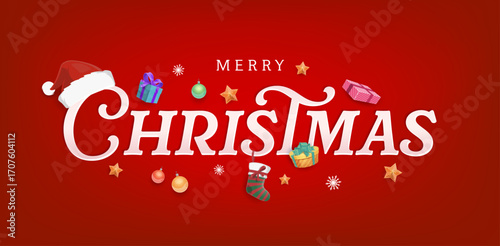 Merry Christmas greeting card for winter holiday with vector decorations and gifts. Christmas greeting card with Santa hat, Xmas tree baubles and stars, New Year gift socks and snowflakes or snow