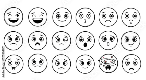 Illustration of set of handdrawn emoji faces with various emotions and expressions