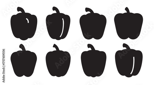 Collection of red bell pepper illustrations in a distinctive silhouette style