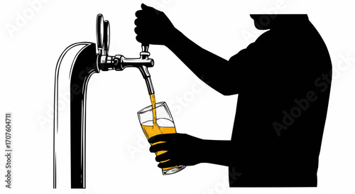 Silhouette of a bartender pouring a refreshing glass of beer from the tap.