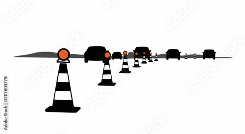 A row of traffic cones lining a road, guiding cars in the distance.