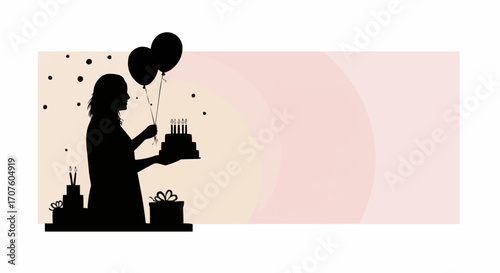 A silhouette of a person celebrating a birthday, holding a cake and balloons, symbolizing joy and celebration. 