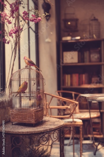 A quiet office corner with a birdcage of singing canaries. Gentle melodies fill the air. The mood feels refreshing and serene, Generative AI 