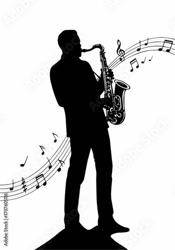 Silhouette of a musician playing a saxophone with musical notes around him.