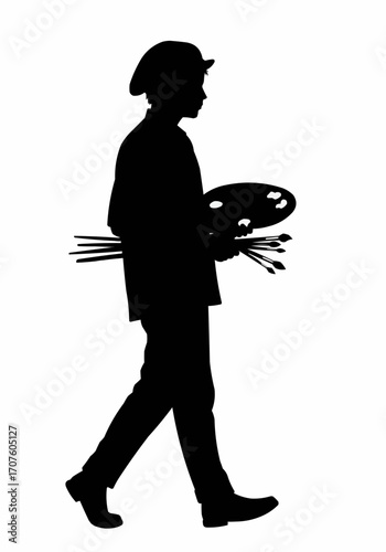 Silhouette of an artist holding a palette and brushes, walking with purpose.