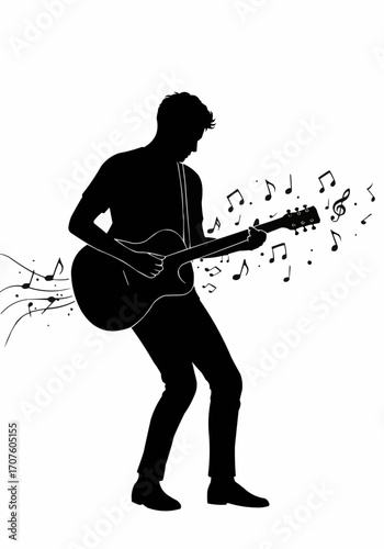 A silhouette of a person passionately playing a guitar, surrounded by musical notes.