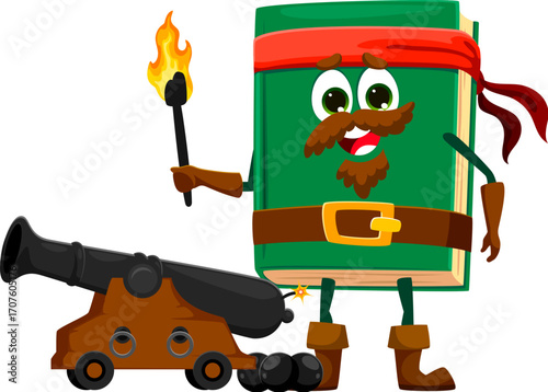 Cartoon textbook school pirate and corsair stationery crew character with cannon. Isolated vector library book supply personage with mischievous grin ready for the sea battle in search of treasure