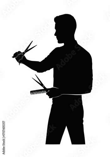 Silhouette of a Barber at Work with Scissors and Comb.
