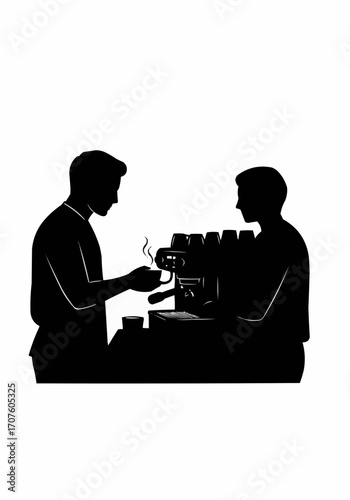 Silhouette of Baristas Crafting Fresh Coffee with Coffee Machine.