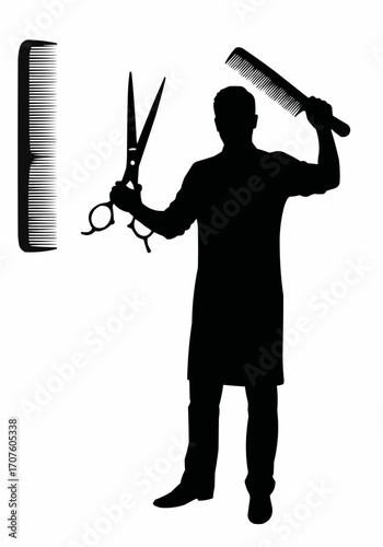 Silhouette of a hairdresser holding scissors and a comb, getting ready for work.