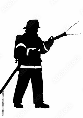 Firefighter fighting a fire with water from a hose. 