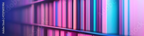 Creative abstract books wall closeup with motion blur effect and neon lights in pink purple blue tones. Blurred background emphasizes bookshelf focus with vibrant colors and bokeh effect.