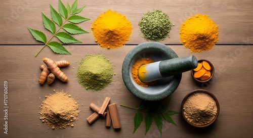 Overhead shot of herbs and spices with mortar and pestle on a wooden surface for natural remedies