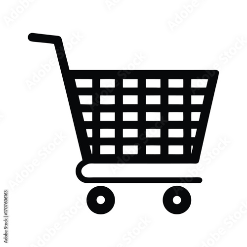 A minimalist black and white shopping cart shows simplicity and focus on consumerism icon