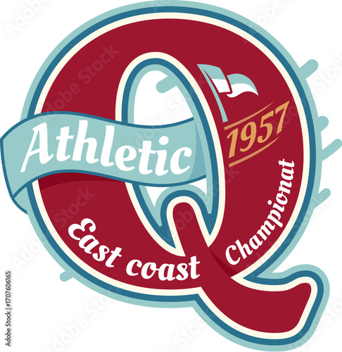Varsity sport patch label, retro sports emblem featuring large red letter Q with ribbon reading athletic, accompanied by the text east coast, 1957, and championat, evokes vintage athletic league style