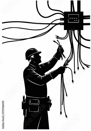 An electrician meticulously working with wiring, creating a detailed illustration.