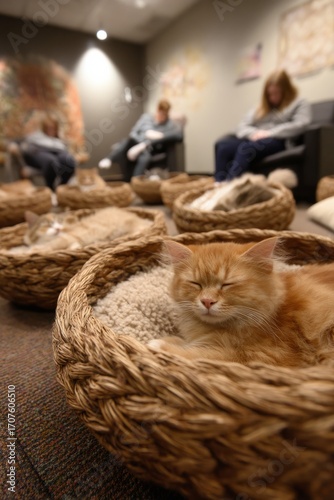 A relaxation lounge with therapy cats in woven baskets. Employees pet them softly. The mood feels heartwarming and serene, Generative AI 
