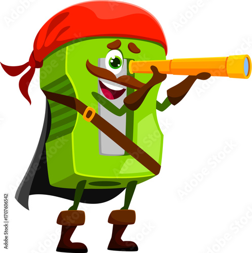 Cartoon pencil sharpener school stationery pirate and corsair crew character stands tall with a spyglass. Isolated vector supply tool personage ready for swashbuckling adventures on the high seas