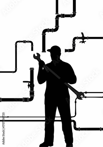 Silhouette of a plumber in action, fixing a complex pipe system.