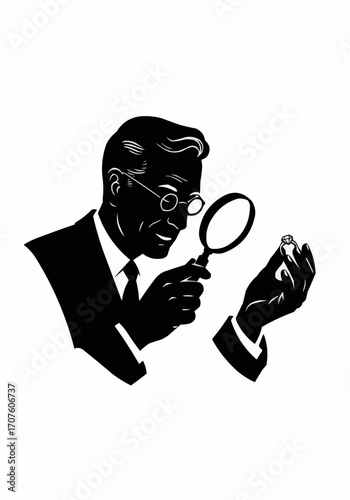 A man wearing spectacles carefully examines an object with a magnifying glass.